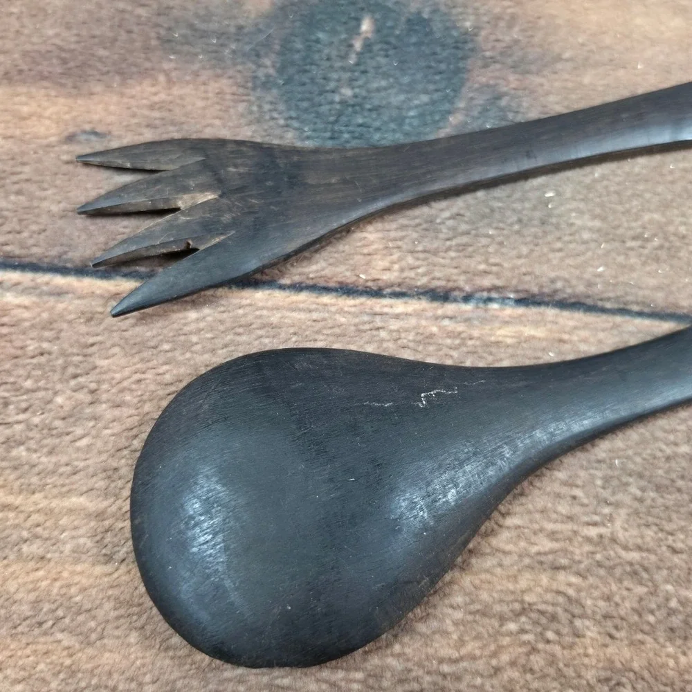 Salad Serving Set Home 12.5in Dark Wood Excellent Fish Hand Carved